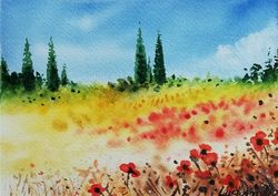 tuscan landscape painting original watercolor art work poppies handscape painting floral tuscan landscape