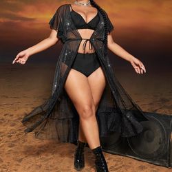 plus size glitter short sleeve ruffle hem tie front kimono cover up beachwear swimwear beach sea summer