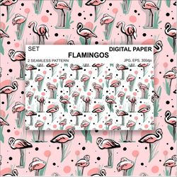 flamingo digital jpg, eps paper for scrapbooking, fabric, postcards, seamless pattern.