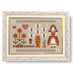 cross stitch sampler little lady of bees primitive sampler