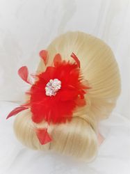 party/cocktail/race hair flower fascinator, red hair clip, red feather hair clip, red feather fascinator