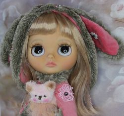 blythe doll ooak for adoption with a bunny ears and  a toy bear