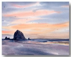 cannon beach print art large print oregon coast poster haystack rock painting watercolor