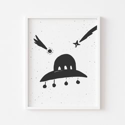 ufo poster for kids, ufo print for baby, flying saucer print, simple space print, monochrome space art, adorable ufo