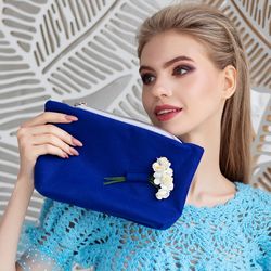 makeup travel pouch with flower blue clutch. makeup bag. cosmetic bag. high-quality handmade.