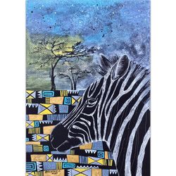 zebra painting african art original watercolor animal wall decor artwork on black paper by rubinova