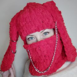 red bunny balaclava crochet fluffy balaclava with chain trendy balaclava for teens gift