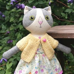 gray cat girl, stuffed cat doll, handmade plush kitten toy, wool stuffed doll