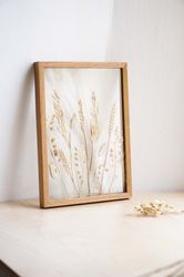 dried grass art, pressed wheat herbarium frame, modern botanical art by mybotanica