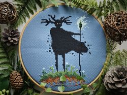 woodland spirit cross stitch pattern pdf, mystical creature with horns, leshy forest spirit embroidery, instant download