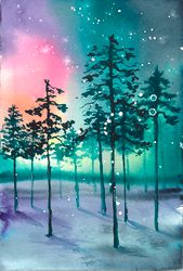 printable file of watercolor painting the nothern lights aurora borealis karelia