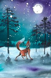 printable file of watercolor painting winter forest fox