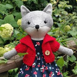 gray wolf girl, stuffed wool doll, handmade wolf plush toy