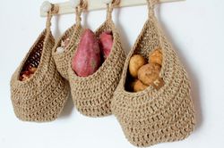 set of wall hanging baskets for vegetables and fruits, crocheted jute potato storage basket, wall decor