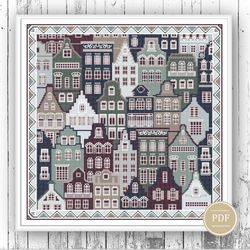 cross stitch  modern style patchwork monohrome amsterdam dutch village digital file pattern pdf 80