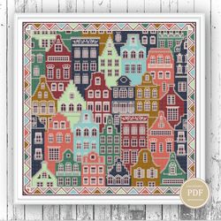 patchwork cross stitch pattern dutch city modern design embroidery for pillow pattern pdf counted chart 79