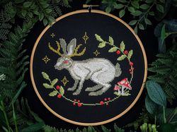 jackalope horned rabbit cross stitch pattern pdf, mythical creature, folklore, animal embroidery design, digital pattern