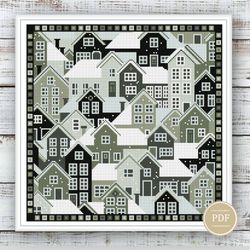 sampler winter city cross stitch pattern monochrome simple embroidery modern design pattern pdf  59