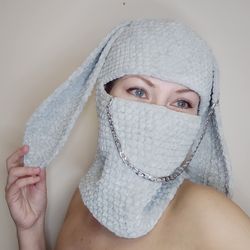 Sexy bunny mask adults Bunny fetish hat Gray bunny balaclava with chain