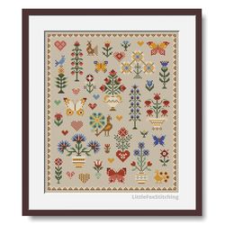 cross stitch pattern summer sampler flowers and birds