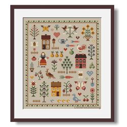 cross stitch pattern cottage garden sampler primitive