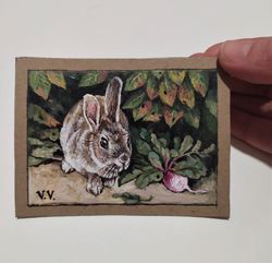 rabbits painting aceo original art artist trading cards rabbit mini art animal miniature 2.5x3.5 inches by lanaart