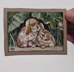 rabbit aceo original art collection card animal mini painting artist trading cards rabbit miniature 2.5x3.5 inches