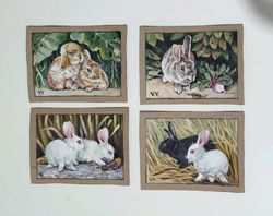 set  of 4 mini art rabbits aceo original art aceo artist trading cards animal miniature rabbit artwork 2.5x3.5 inches