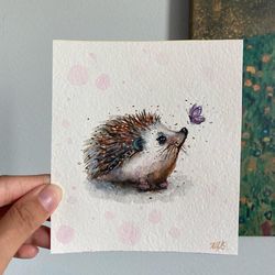 original watercolor hedgehog painting, small artwork 4 by 5 in, cartoon hedgehog art