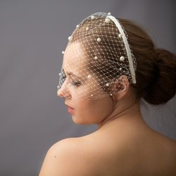 wedding birdcage blusher veil, bridal hairband with pearl bandeau veil, beaded bachelorette veil, fascinator headband