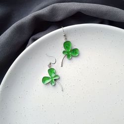 green clover earrnigs, metal and enamel handmade jewelry