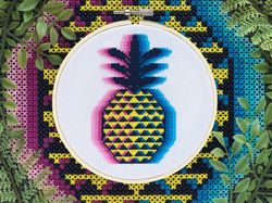 glitch pineapple cross stitch pattern pdf, geometric tropical fruit, food abstract embroidery chart, wall decor, digital