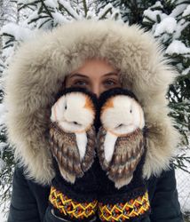 unique handmade owl mittens. warm woolen women's mittens with owls. cute warm gloves for for adults and children