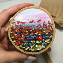 poppy wood slice painting original art miniature landscape wildflower poppy field flower palette knife small painting