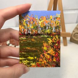 fall birch tree painting aceo original art autumn forest miniature landscape golden autumn small painting impasto art