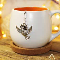 owl tea infuser for loose leaf tea, tea strainer with owl charm, tea steeper owl pendant, herbal tea gift for owl lover