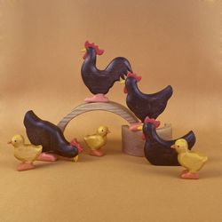 wooden chicken family "black" (rooster + 3 hens + 3 baby chickens ) - wooden animals - farm animals - wood rooster