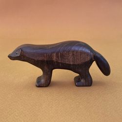 wooden wolverine figurine - wooden animals - wooden natural toys - woodland animals - wood wolverine toy