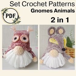 set 2 in 1 crochet patterns gnome, amigurumi couple gnome patterns, animal gnome crochet pattern, big amigurumi plush