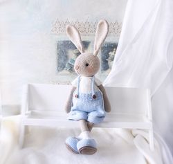 rabbit doll in pants and shirt, bunny stuffed animal toy for kids, woodland nursery decorative doll, animal toy