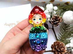 nesting doll jewelry brooch, rainbow jewelry, matryoshka beaded pin, 7 chakra jewelry