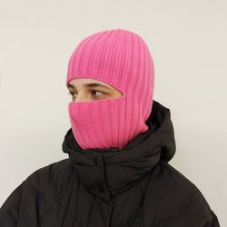 knit balaclava hot pink, handknit balaclava hat, balaclava mask