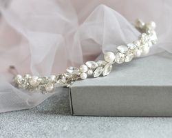 bridal headband / bridal hair vine pearl and crystal / pearl wedding headband / pearl bridal crown / short hair hb 01