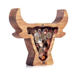 bull wooden piggy bank for boy girl kid adult montessori waldorf toy baby birthday christmas gift tip jar money box