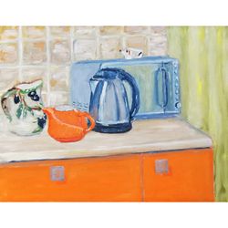 tea painting still life original oil canvas painting tea kitchen wall decor art