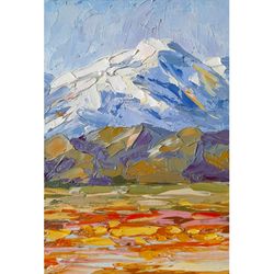 denali painting snowy mountain original art landscape artwork impasto 5x7 inch by svetlana