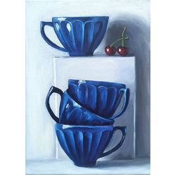 blue cup painting, original art, cup artwork, cherry painting  still life painting, 10 by 14 inch