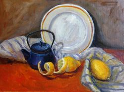 lemon painting oil kitchen original art food artwork still life canvas art