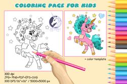 magic curly hair unicorn coloring page for kids, unicorn eps, unicorn png, unicorn pdf