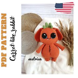 halloween toy pdf pattern; carrot-like rabbit; cute monster rabbit